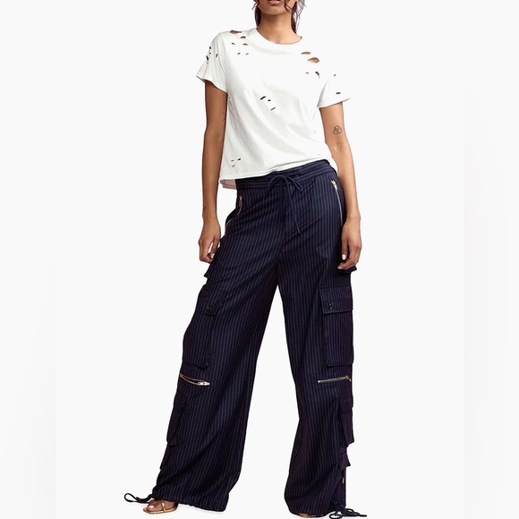 Cynthia Rowley Blue Pinstripe Cargo Dress Pants with Gold Details - Picture 4 of 6